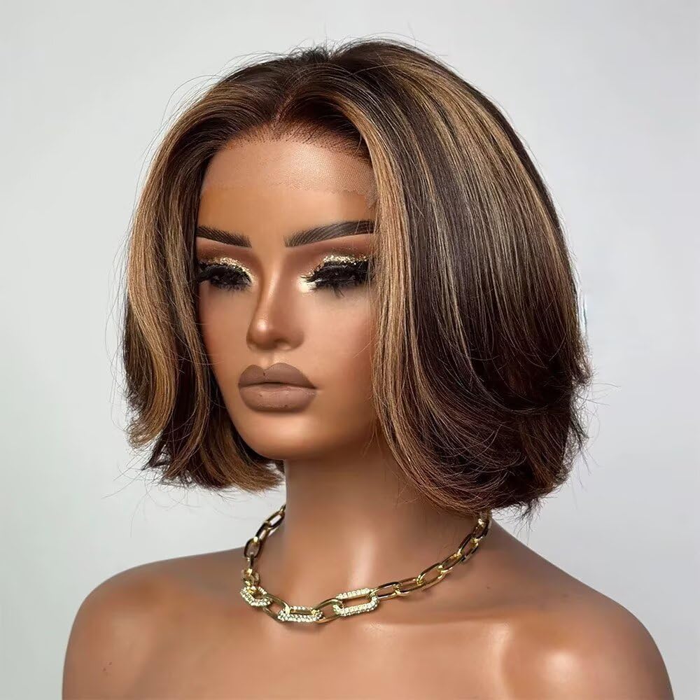 Straight Short Bob Highlight #4/27 HD Lace Front Wigs with Baby Hair 13X6 Ombre Brown Glueless Human Hair Pre Plucked with Bleached Knots 180 Density for Black Woman 12 Inch