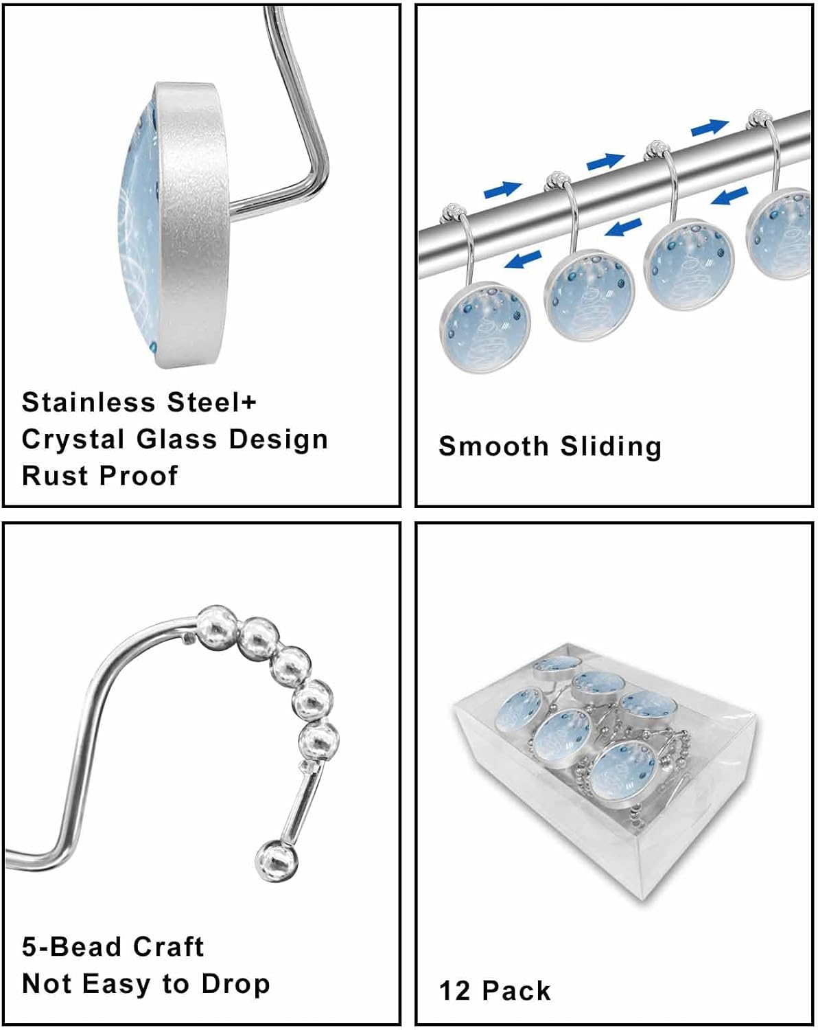 Shower Curtain Hooks 12 Pcs Christmas Winter Xmas Tree Needle Ball Snowflake Blue Stainless Steel Rust Proof Rolling Shower Curtain Rings, Decorative Shower Curtain Hooks Hangers for Bathroom