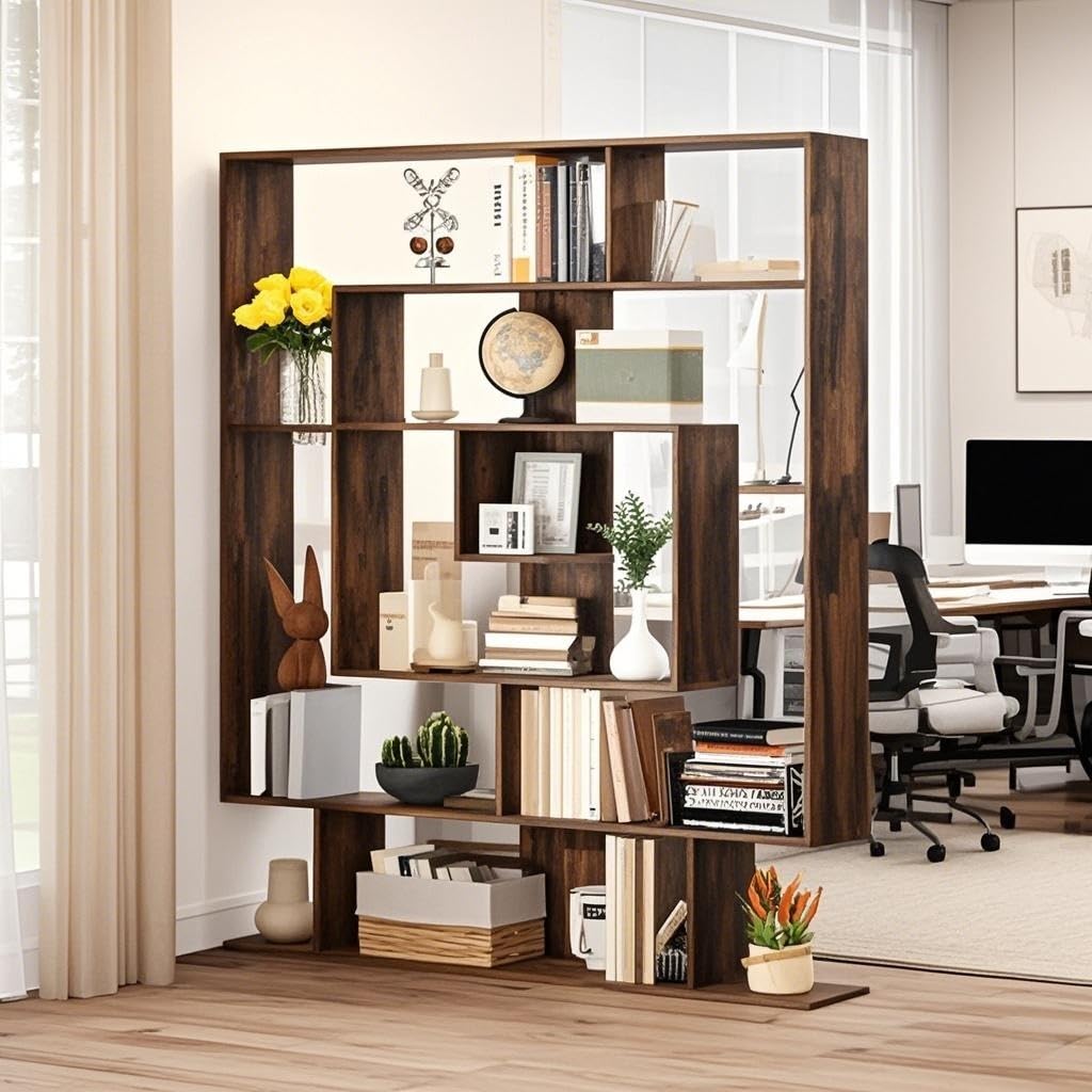 HOMASIS Libreria da Parete Geometrica con 7 Scomparti, Scaffale in Legno con Protezione Anti-Ribaltamento, Espositore Moderno, Libreria Divisoria Ambiente per Soggiorno, 125 x 22 x 150 cm (Marrone)