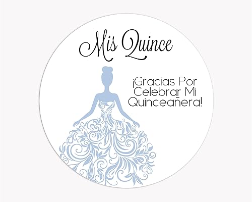 Calcomanías de quinceañera de 40 unidades, Mis Quince, calcomanías españolas o inglesas para cumpleaños de 15 años (027-S-BG), azul gris - español