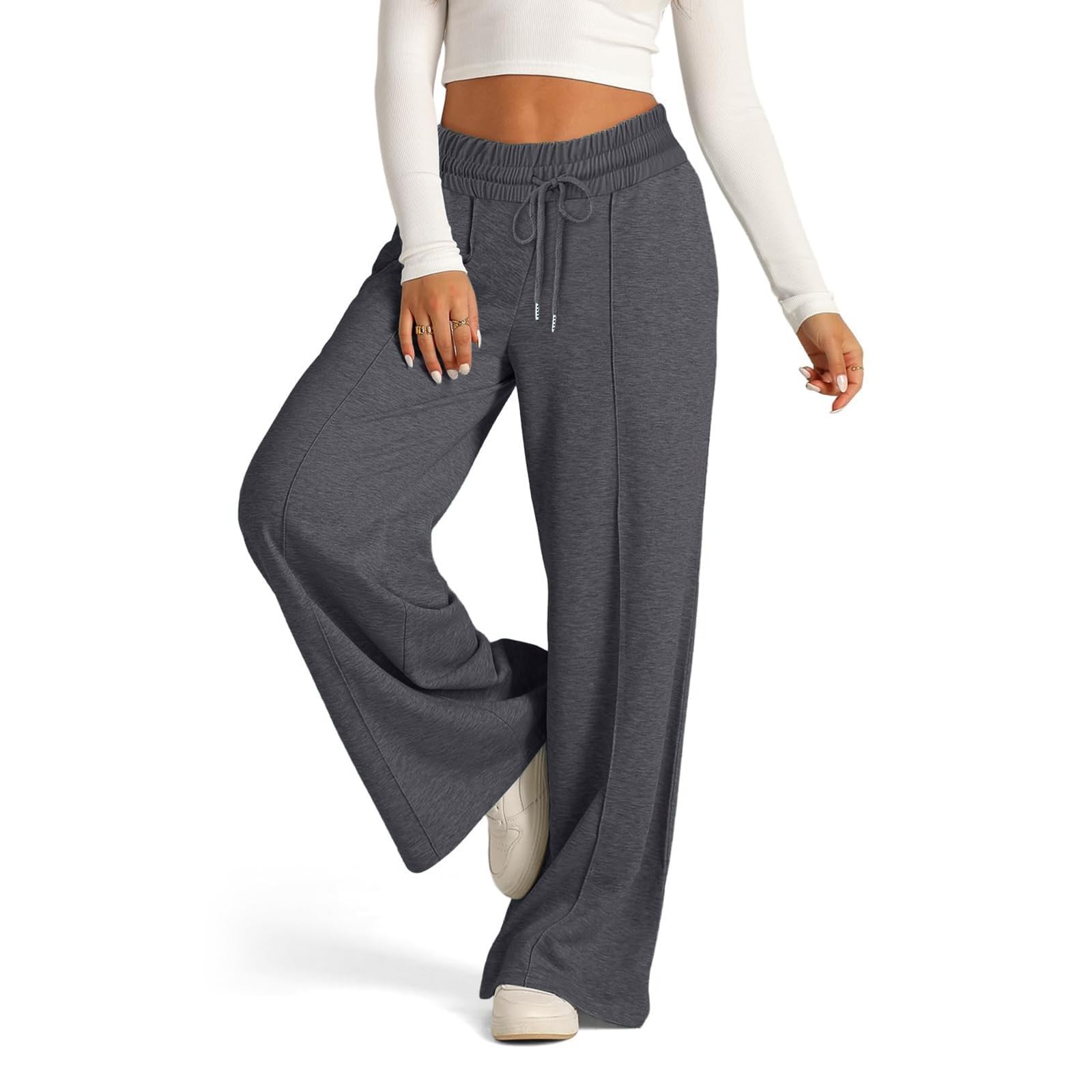 chaktkglok Wide Leg Sweatpants Baggy Elastic High Waisted Sweatpants Drawstring Pants Grey Oversized Comfy Loose Joggers with Pockets Womens Lounge Pants
