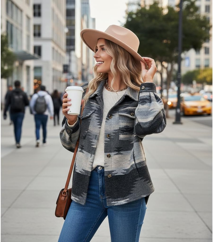 Women’s Aztec Printed Shacket Button Down Fleece Shirt Jacket with Chest Pockets Oversized Fall Casual Coat