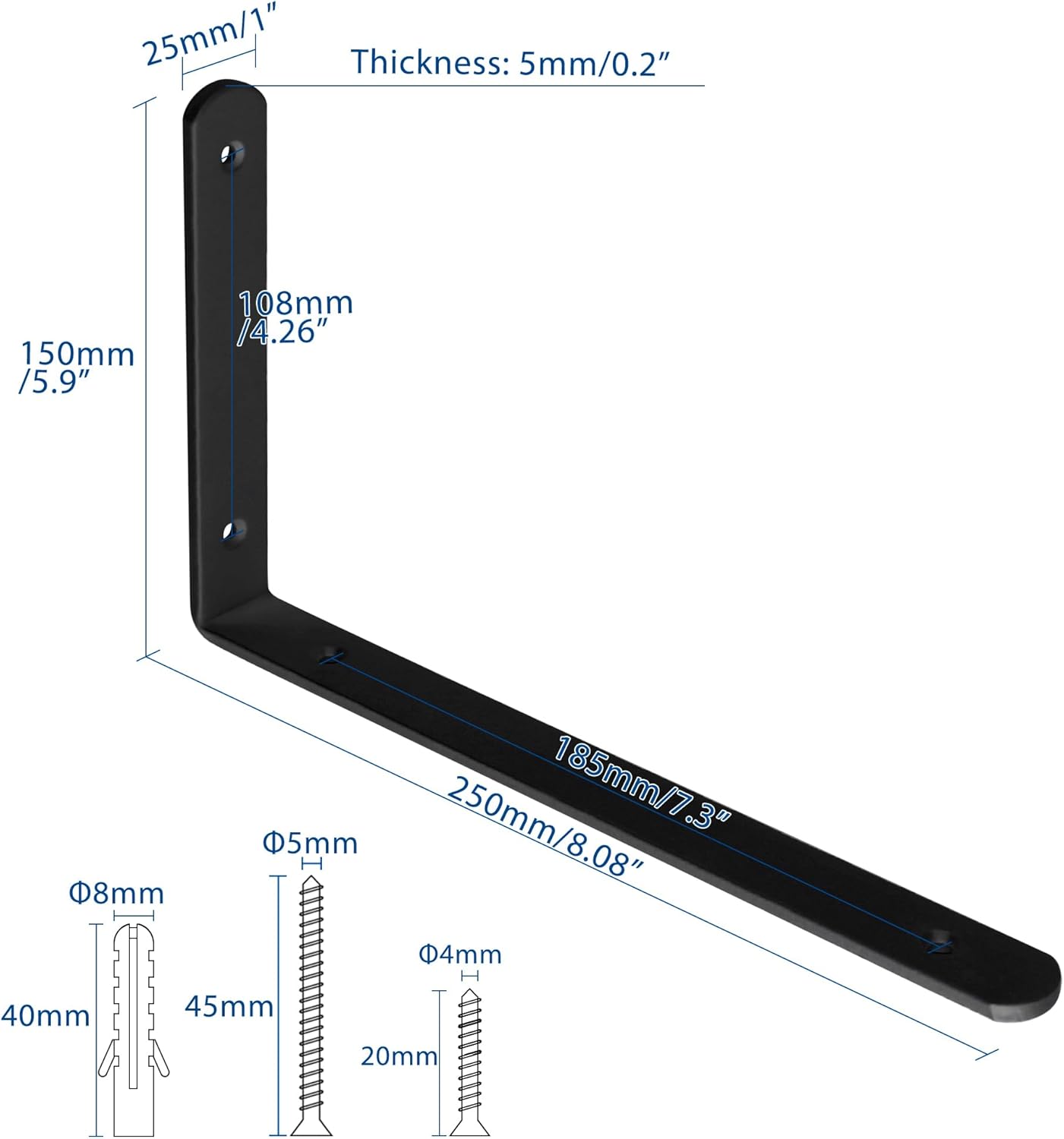 4Pack Floating Shelf Brackets, Heavy Duty Metal L Brackets Wall Mounted Corner Brace Angle Bracket for Wood Shelves, with Screw Included (Black, 8.08*5.9 Inch)