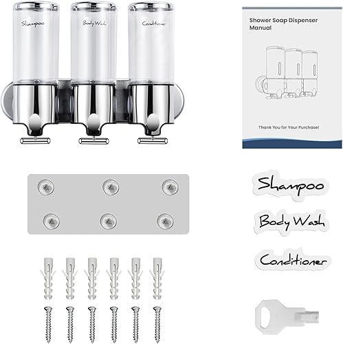 Miniatura 8 de Dispensador de champú y acondicionador, dispensador de jabón de ducha de 3 cámaras, sin taladro, dispensador de champú para ducha, dispensador de