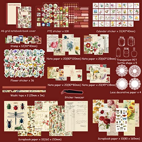Image of emmoolife Vintage Aesthetic Scrapbooking Supplies Kit, Flowers Botanical Bullet Junk Journal Kit with Journaling Supplies, Tweezers, A6 Grid Notebook,Stationery,Sticker, Birthday Craft Gift for Adult