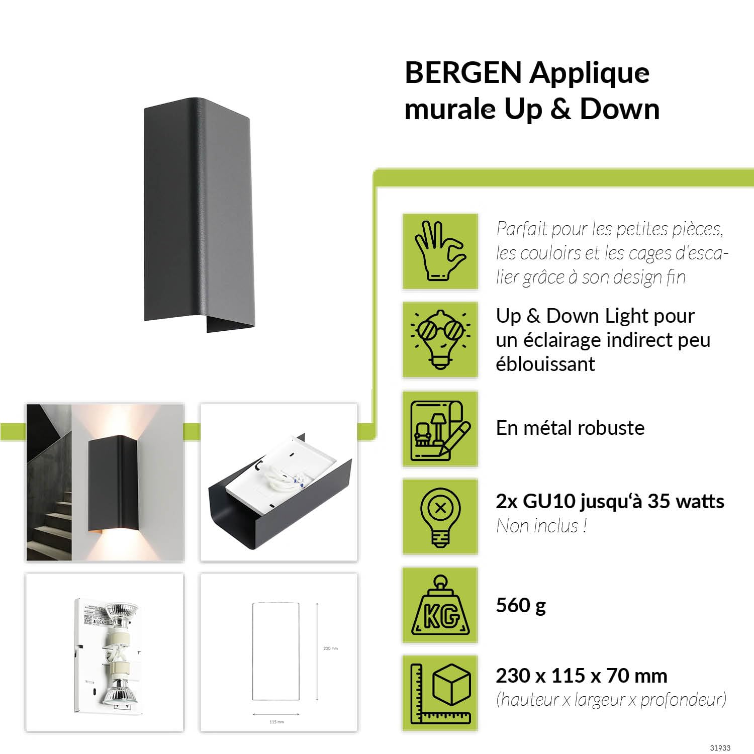 Applique GU10 intérieure blanche, lampe murale intérieure, éclairage mural, cage d'escalier, salon, lumière du couloir, up and down, applique blanche, lampe murale de chambre à coucher