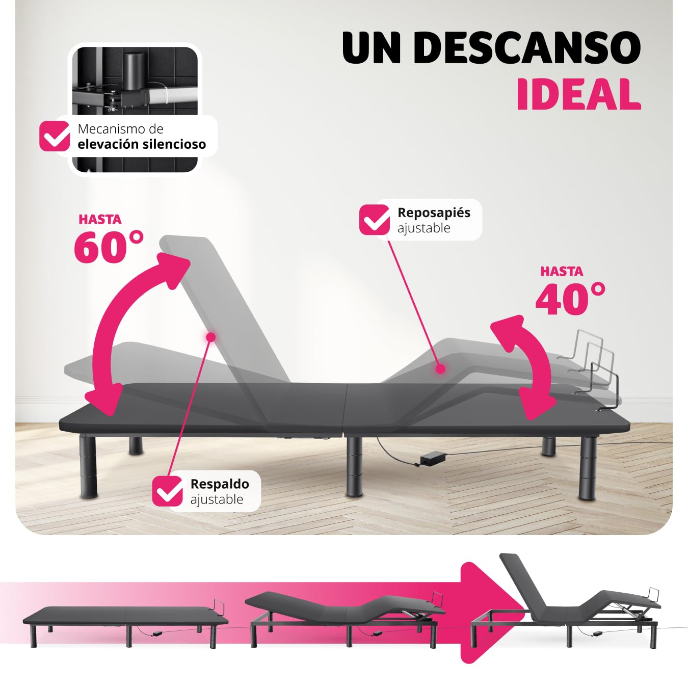 tectake® Somier de Láminas Regulable Eléctricamente Respaldo y Reposapiés, Mando a Distancia, Estructura de Acero, 6 Patas Ajustables, Apto para Colchones, Cubierta de Poliéster, Plegable, 90x200cm