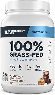 Transparent Labs Aislado de proteína de suero de leche alimentado con pasto, sabor natural, sin gluten, proteína de suero en polvo con 0.99 oz de proteína por porción y 9 aminoácidos, 30 porciones,
