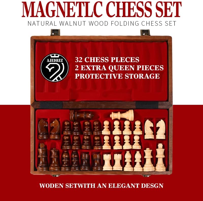 Miniatura 5 de Juego de tablero de ajedrez magnético de nogal de 15 pulgadas para adultos y niños, juego de ajedrez de viaje portátil plegable para torneos