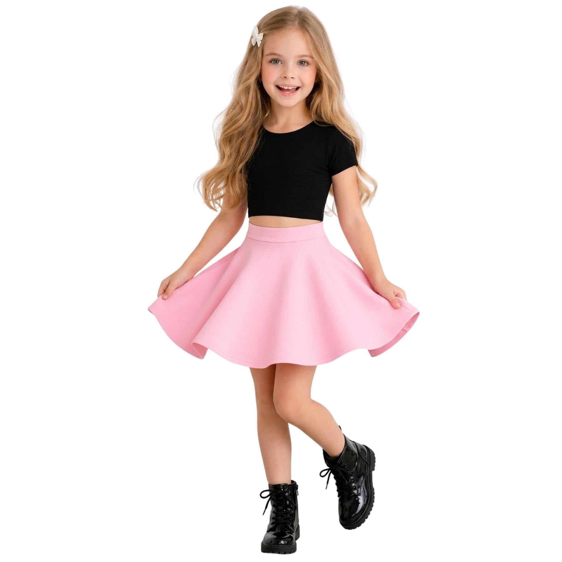Janisramone Completo estivo da bambina, con top corto svasato, gonna svasata, per feste scolastiche, set da 2 pezzi, 3-13 anni