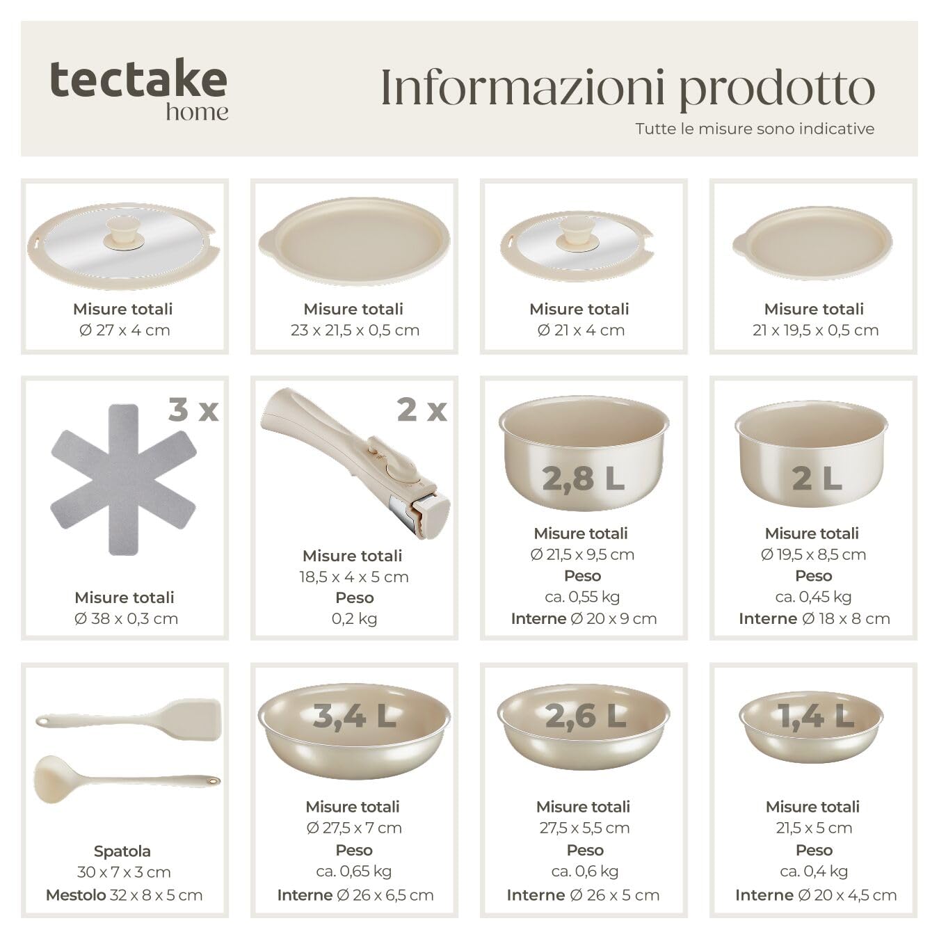 tectake®, Set di pentole 16 pezzi, set pentole induzione anche per piani a gas, elettrici, rivestimento antiaderente in ceramica, manici removibili - 2 Padelle, 2 Pentola, Pot, 4 Coperchi - Bianco