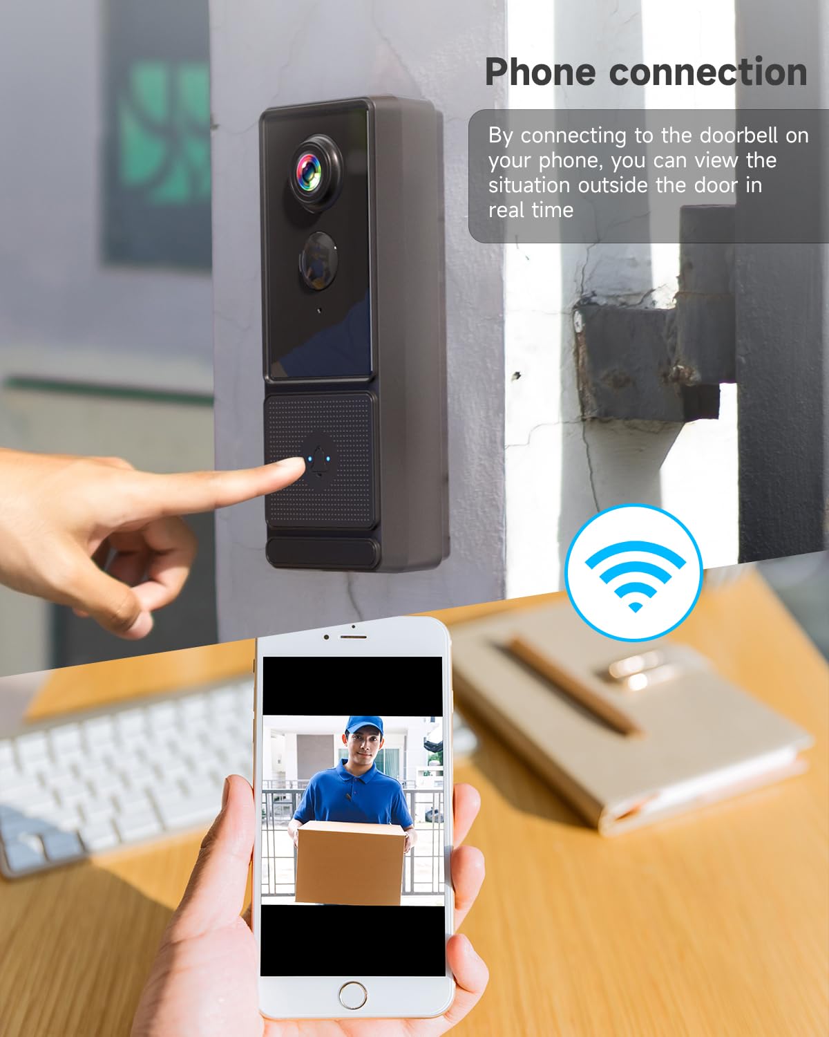Campanello WiFi wireless esterno impermeabile 1080P IPX66 Campanello senza fili con telecamera Rilevazione Umana PIR Visione Notturna Prova di 7 giorni di archiviazione in cloud Supporta la scheda SD