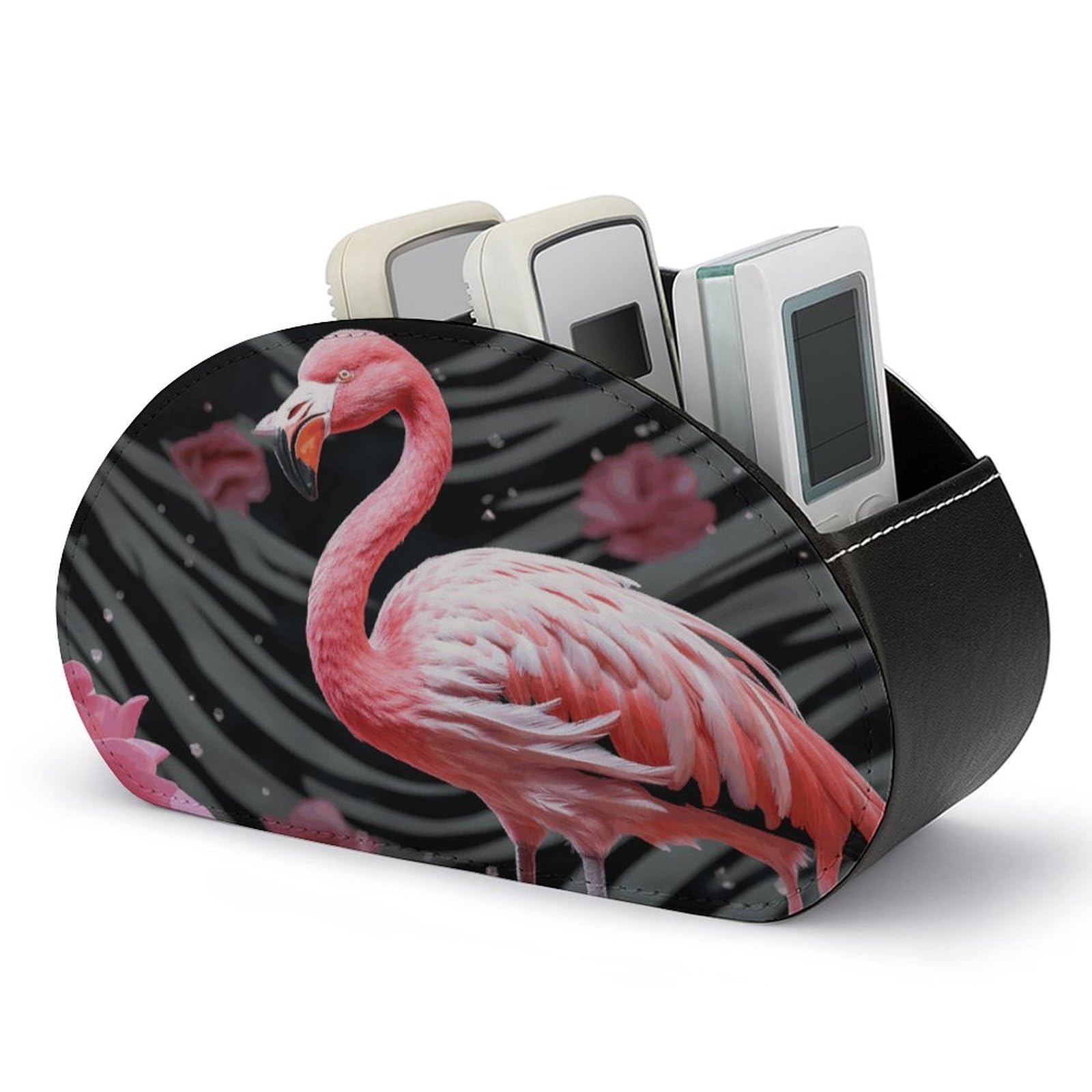 NTVOWPZO Pink Flamingo Remote Control Holder with 5 Compartment Organizer Box, Leather TV Remote Holder Organizer Caddy for Table, PU Leather Remote Box for Nightstand Office Desk Storage Box