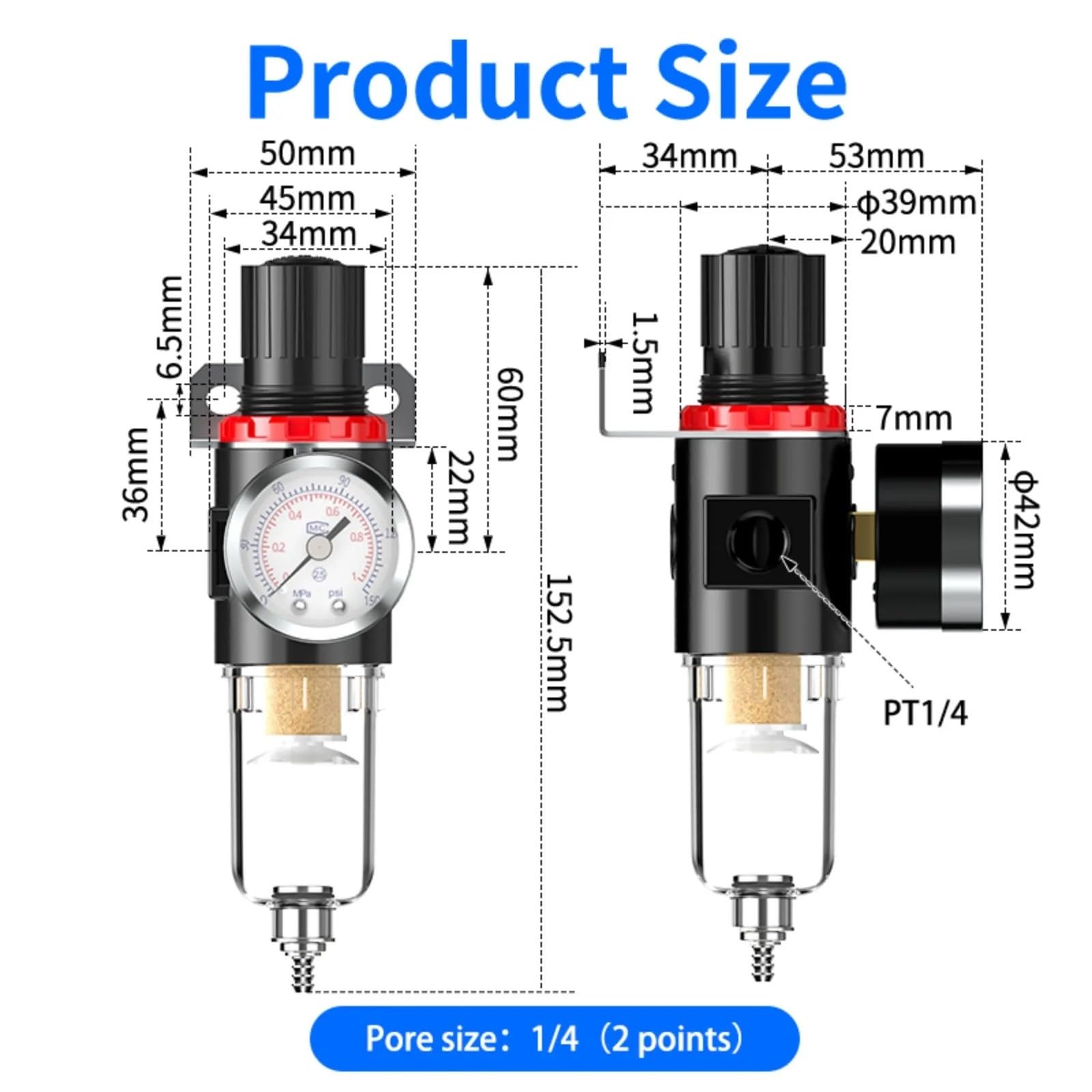 1 sztuka AFR-2000 filtr powietrza 1/4, regulator filtra AFR2000, jednostka uzdatniania powietrza, manometr do sprężarki z przyłączem (AFR2000-PC8)