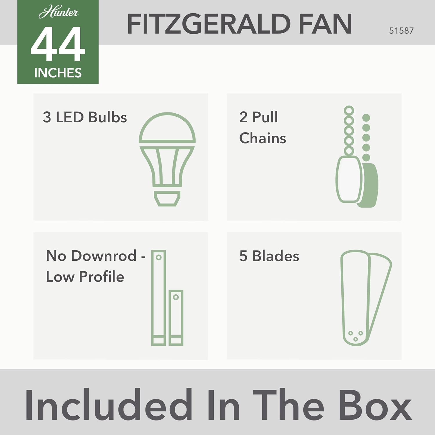 Hunter 44 inch Fitzgerald Brushed Nickel Low Profile Ceiling Fan with LED Light Kit and Pull Chain