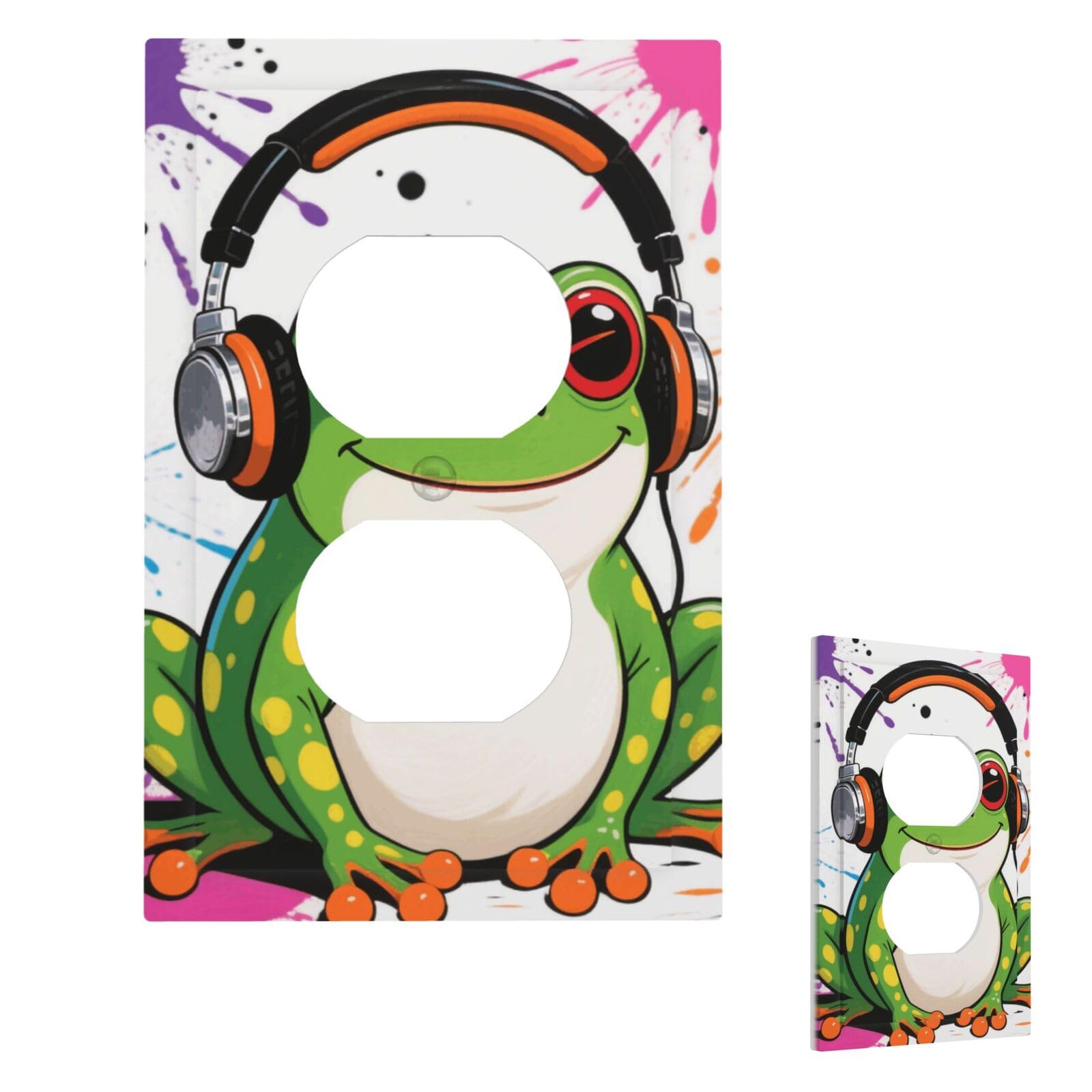Funny Cute Frog With Headphone Wall Plate Cover Modern Decorative 1 Gang Light Switch Cover Unbreakable Receptacle Outlet Covers For Living Room Bedroom Home Decor Duplex