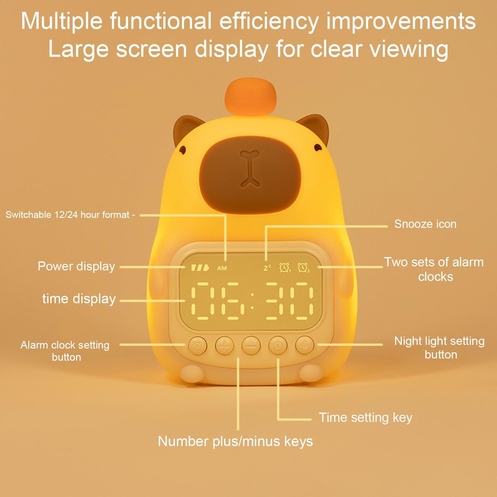 Wecker Capybara – Wecker aus Silikon, Capybara, Nachtlicht, wiederaufladbar, dimmbar, LED-Lampe, Meerschweinchen, niedlicher Wecker, Wecker für Nachtlicht, Vista Capybara, Digitaluhr,