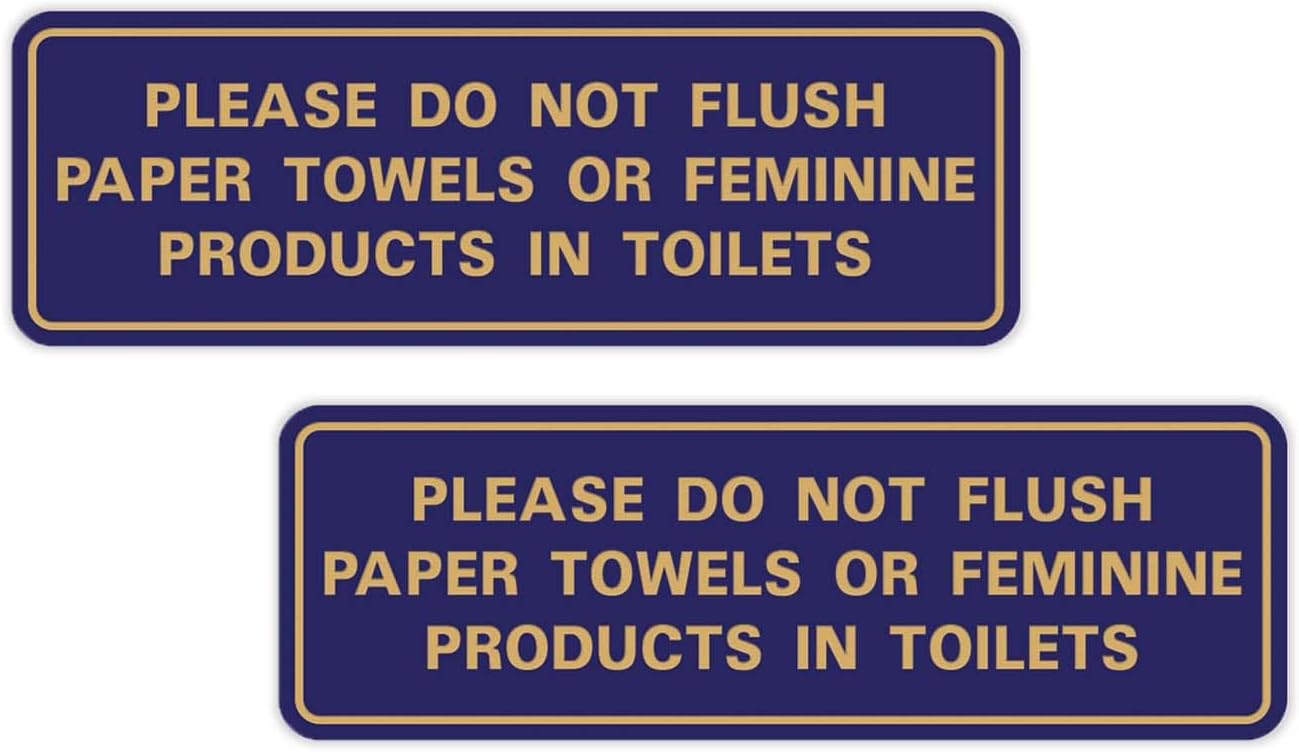 All Quality Standard Please Do Not Flush Paper Towels or Feminine Products in Toilets Door or Wall Sign | Blue/Gold - Large (2 Pack)
