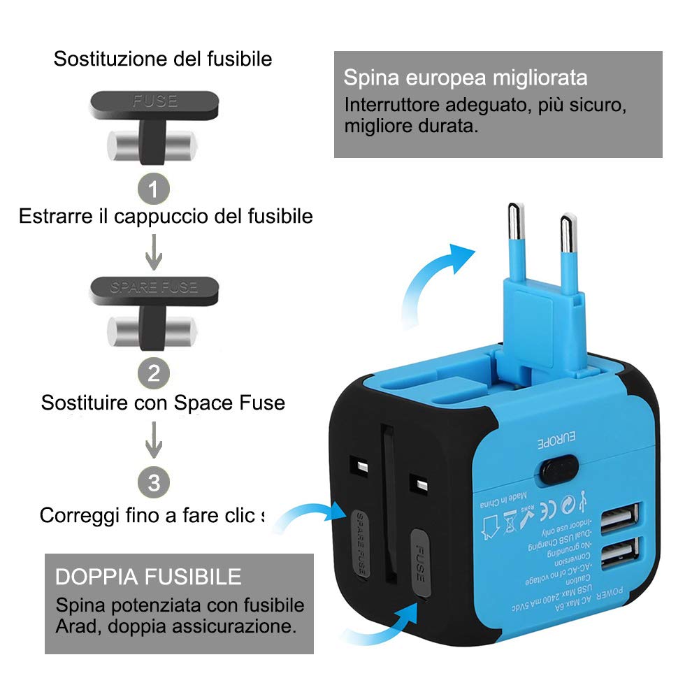 Adattatore Universale Da Viaggio AUNNO Con 2 USB-C – Spina Internazionale – Nero