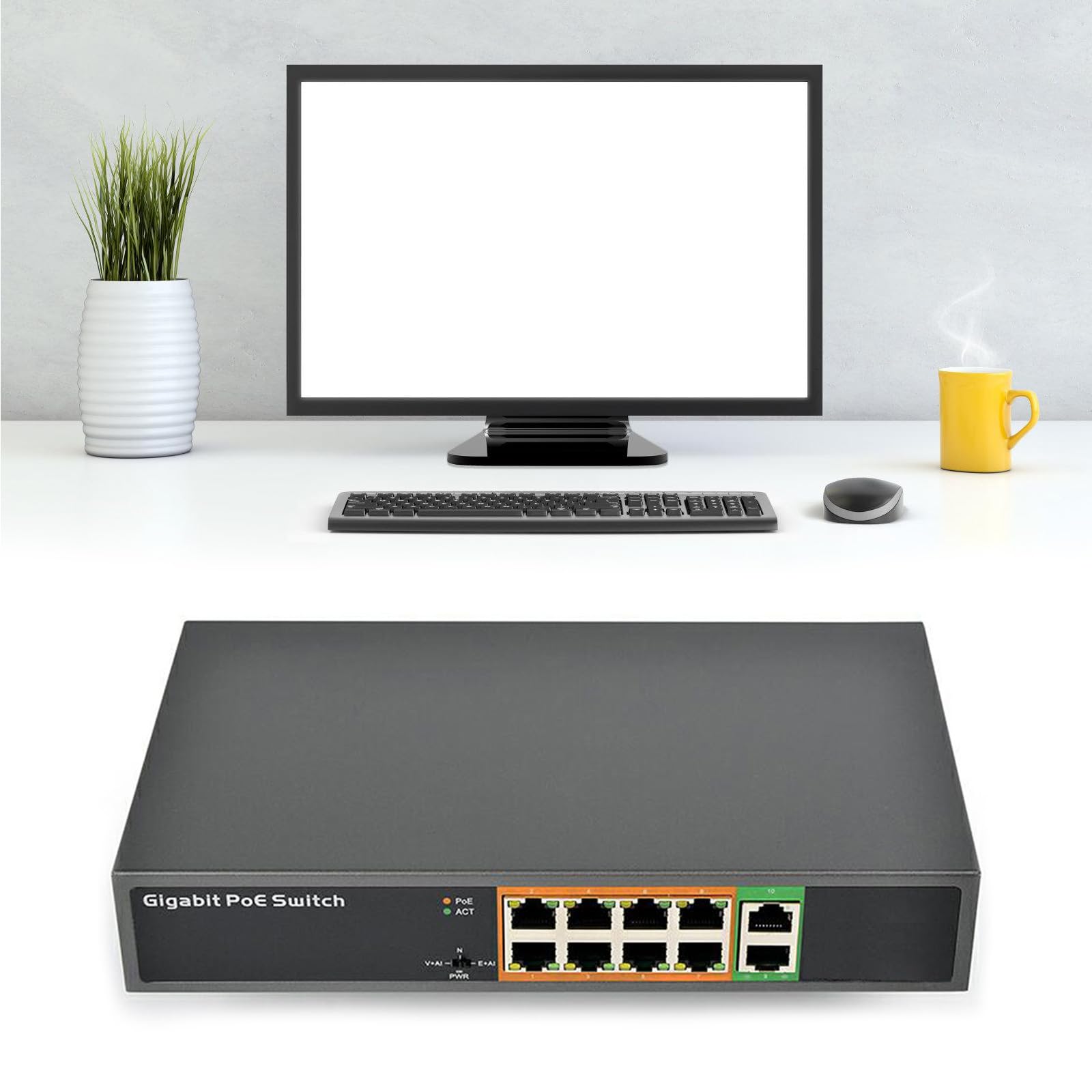 Switch Gigabit Power over Ethernet a 10 porte con alloggiamento in metallo, porta 8 x 1000 m e 2 uplinking, facile installazione, switch Power over Ethernet non gestito