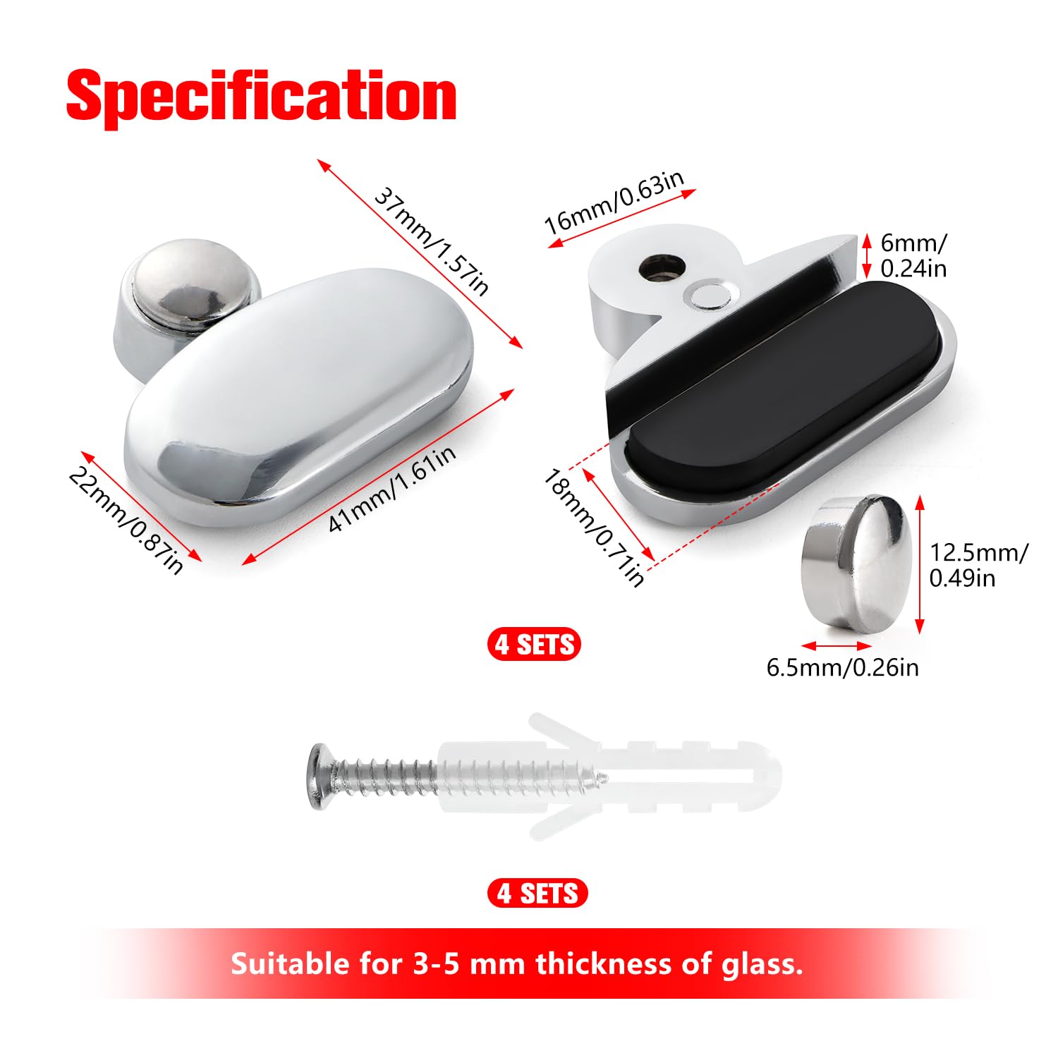 YIXISI 4 PCS 3-5 mm Mirror Clips Oval Glass Clamp, Zinc Alloy Glass Clip, Bathroom Mirror Clips, with Plugs and Screws - Image 2