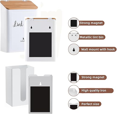 Miniatura 2 de SUBEKYU Contenedor magnético de pelusa con tapa de bambú y soporte para hojas de secadora para lavandería, cubo de basura de metal con tapa y caja