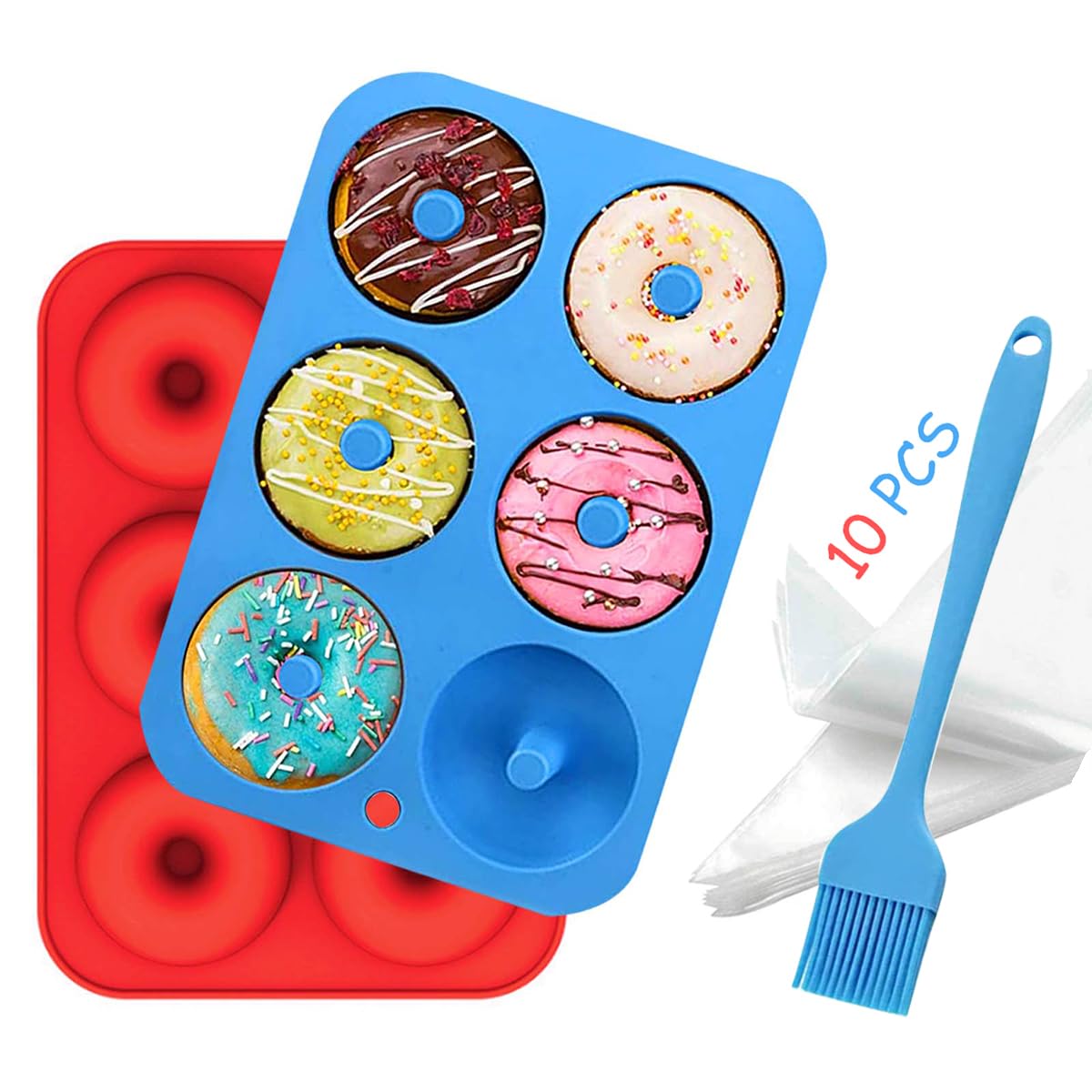 Silikonowa forma do pączków, pączków, 10 jednorazowych woreczków do wyciskania, 1 x silikonowa szczotka – forma do muffinek do ciast, ciasteczek, muffinek, babeczek, bajgli