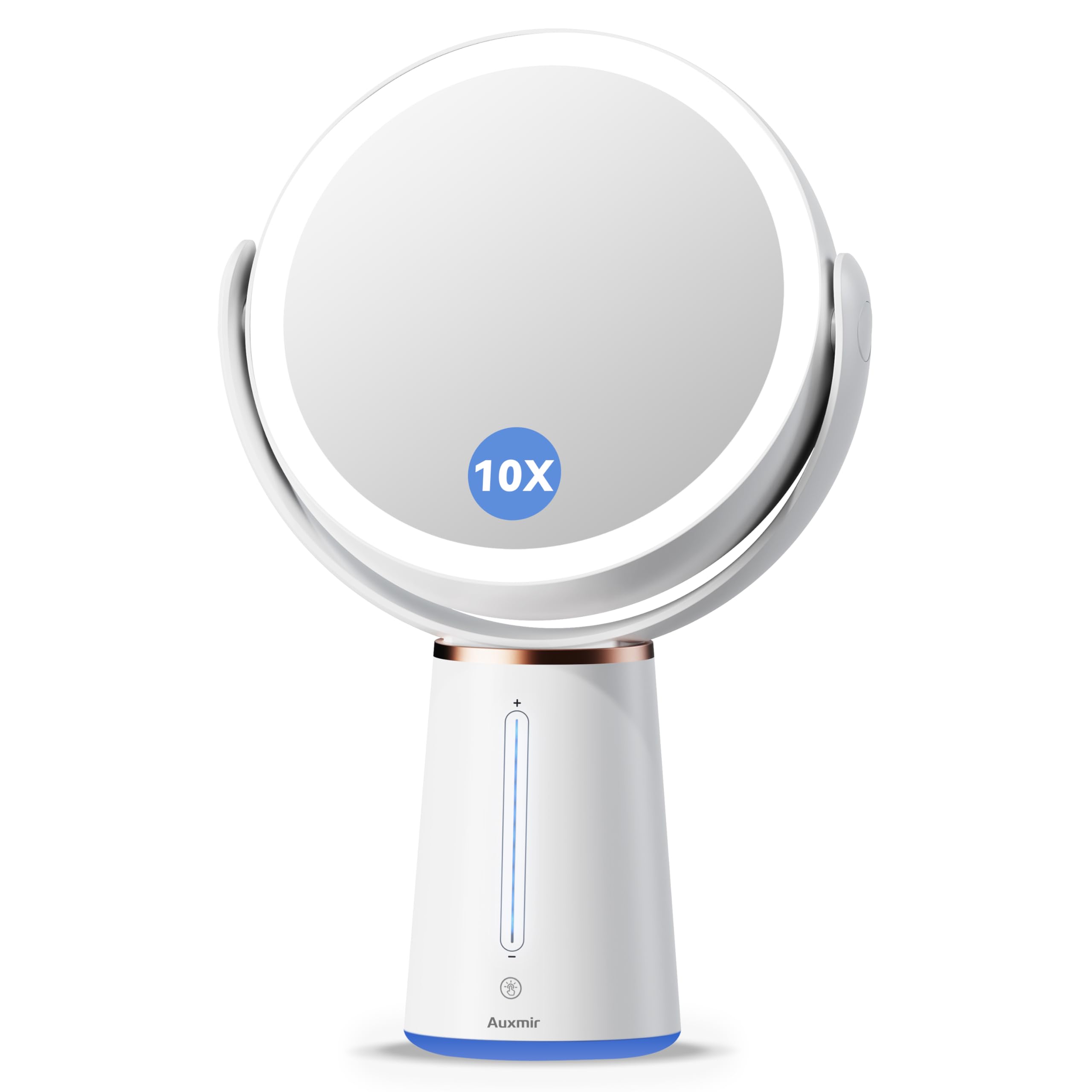Auxmir Espejo Maquillaje con Luz LED, Aumento 10X/1X Doble Cara 360 Giratorio, Recargable 2500 mAh con USB, 10 Niveles de Brillo Ajustables, Táctil Sobremesa para Afeitado Depilación Cejas Baño