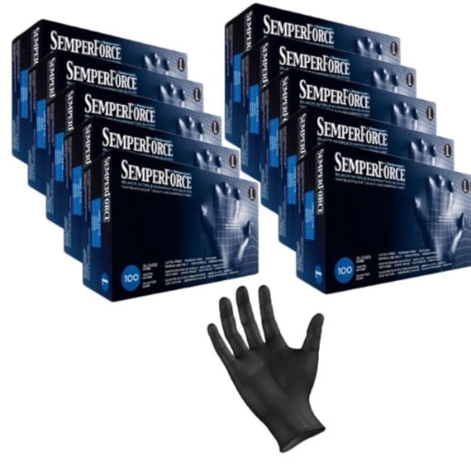 Black Nitrile Exam Tattoo Gloves, Powder Free, Latex Free, Semperforce, 100/Box Size Large (1,000, Large)