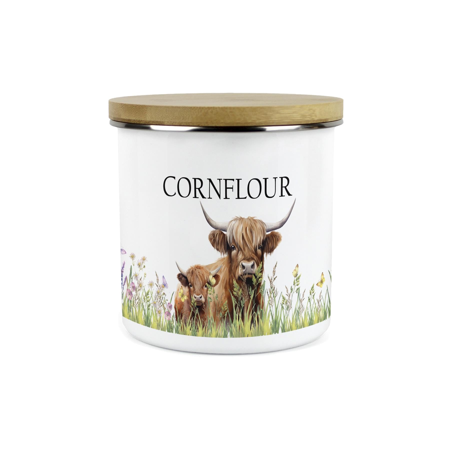 Purely Home Highland Cow & Calf Cornflour Storage Canister - Countryside Farm 1.2L Large Metal Enamel Kitchen Storage Container