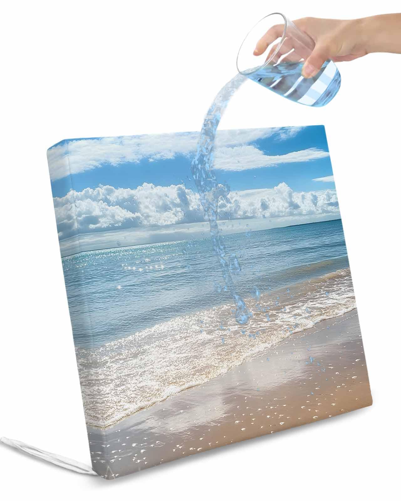 2 Pack Ocean Beach Waterproof Cushion Covers with Ties, Outdoor Patio Chaise Lounge Chair Seat Cushion Slip Covers Replacement(Only Cover) Summer Nature Blue Sea Waves Sky Cloudy 24