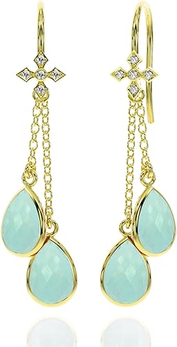 Aretes largos de oro vermeil de 18 quilates para mujer, cadena de cable de cristal, delicada piedra natal, joyería hipoalergénica para regalos
