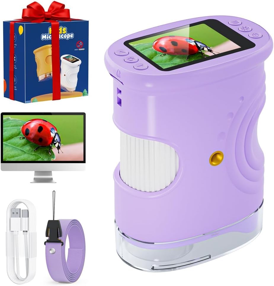 Mikroskop für Kinder, Temodu 2.0" Bildschirm, 1000X USB Tragbares Taschenmikroskop, Wiederaufladbares Tragbares Mikroskop, Mikroskope Anschluss an PC, Science draussen ab 3 Jahren (382-Purple)