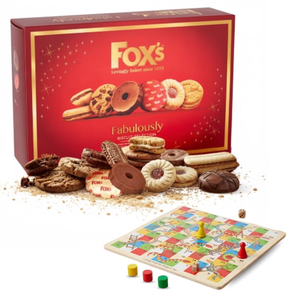 Fox's Fabulously 550g Luxury Biscuit Selection Box, Xmas Biscuit Gifts, Chocolate Biscuits, Cookies, Featuring Milk Chocolate Rounds, Viennese Fingers, Jam Creams + Snake and Ladder Board Game