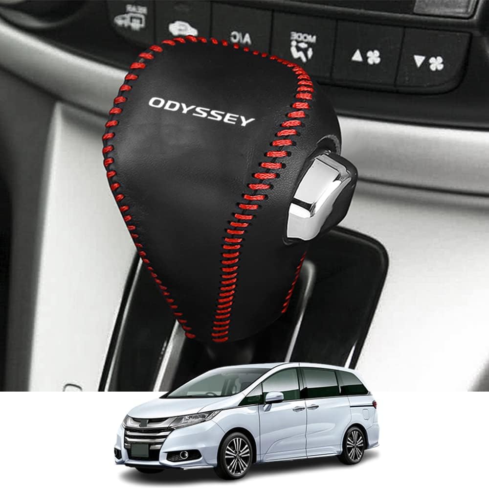 Honda-specific genuine leather material shift knob cover interior custom parts, accessories, scratch prevention, easy installation, vehicle-specific design black red stitching, compatible