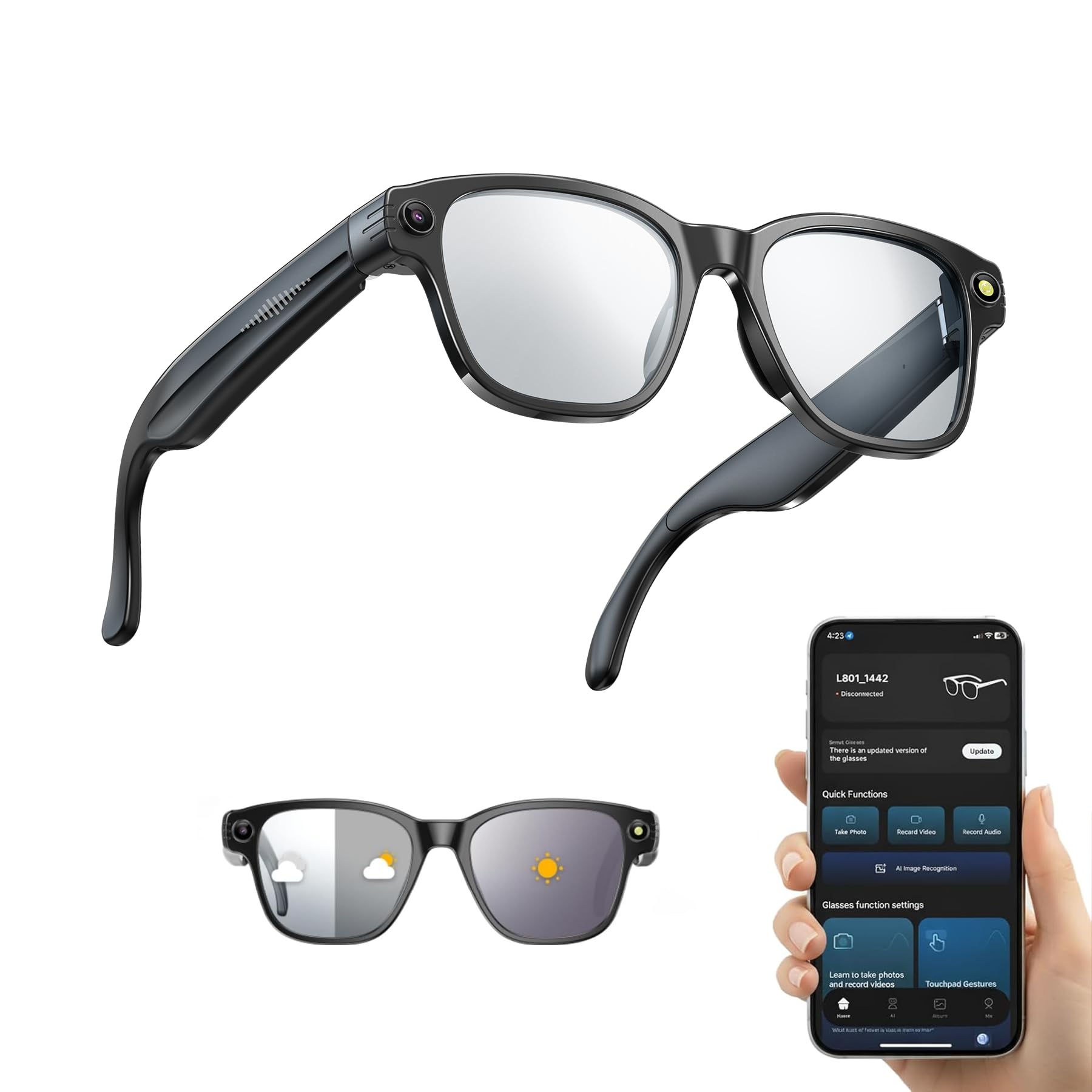 AI Smart Glasses con Telecamera 8MP, Occhiali Intelligenti con Lenti Fotocromatiche, Occhiali da Sole Bluetooth Uomo, Traduzione in Tempo Reale, Musica Open-Ear, Microfono Dual Noise Reduction
