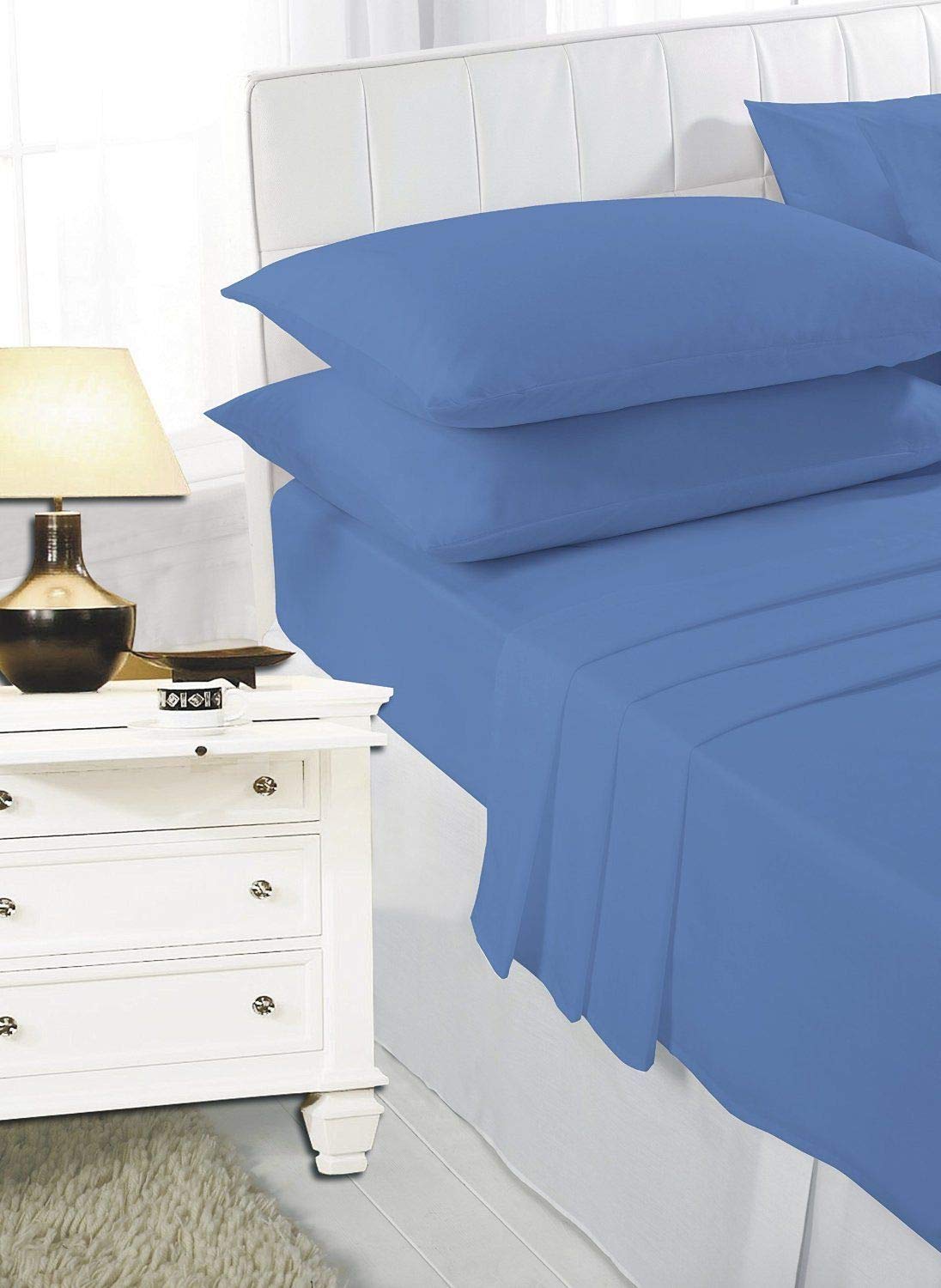 De Lavish Plain Dyed Polycotton Fitted Bed Sheet Polycotton Bedding Easy Care SuperKing Bed Size, Mid Blue