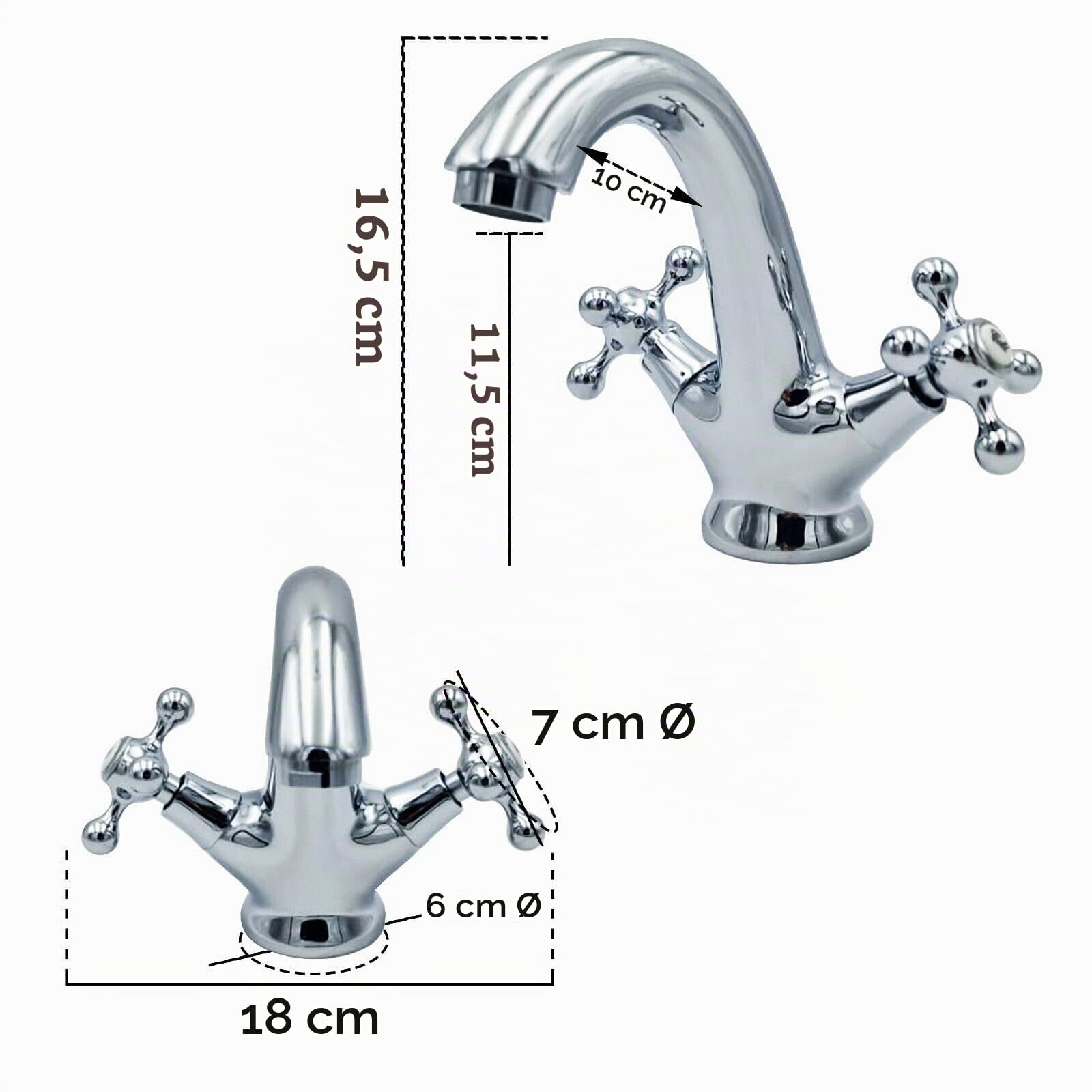 Rubinetto Lavabo Bagno con Valvola Piletta Poup Up Universale per Scarico Lavandino Miscelatore 2 Comandi Manopole a Fiore Vintage Retro bidè Cromato - Argento (2 Manopole)