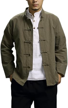 HEARTTOUCH Mens Chinese Linen Cotton Blouse Shirts Long Sleeve Frog-Button Jacket Shirt Tai Chi Kung Fu Shirts with Pocket