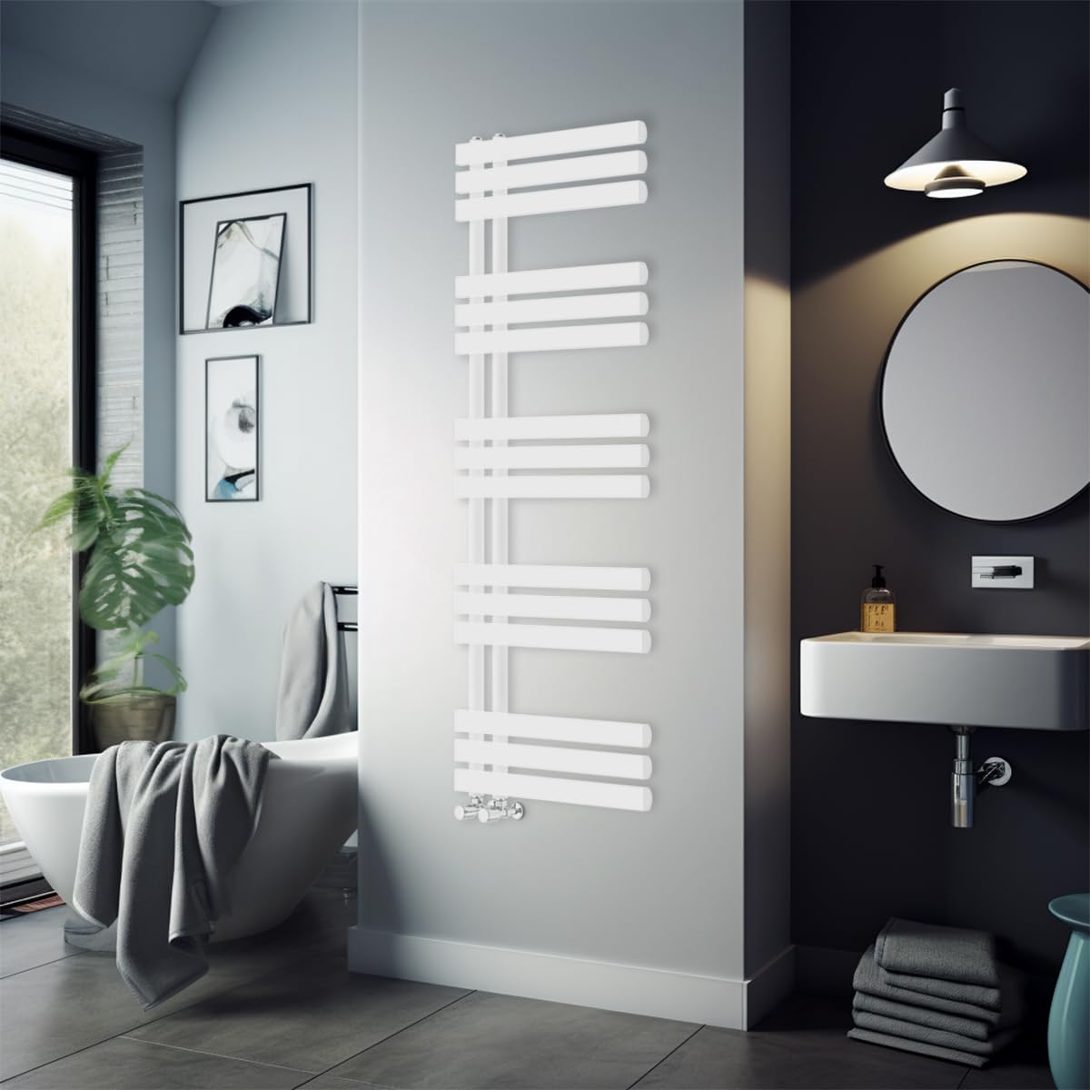 Warmehaus 1600 x 600mm White Flat Designer Heated Towel Rail Radiator - Best for any Bathroom & Kitchen - D Shape Bars