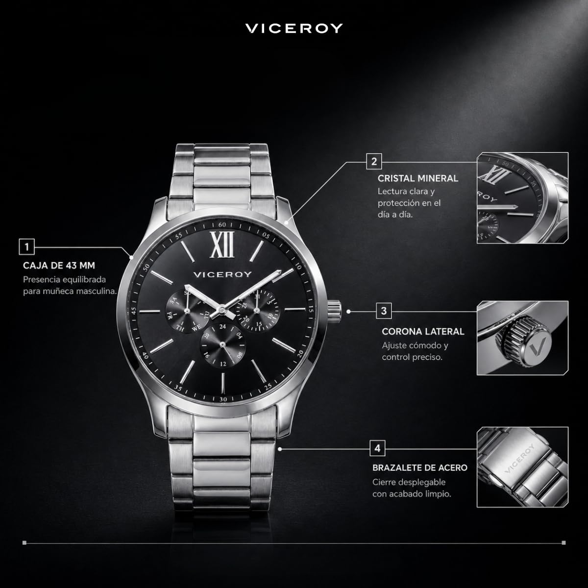 Viceroy Reloj Analógico Hombre de Acero Inoxidable - 43 mm - Movimiento de Cuarzo - Acabado Dorado - 401187