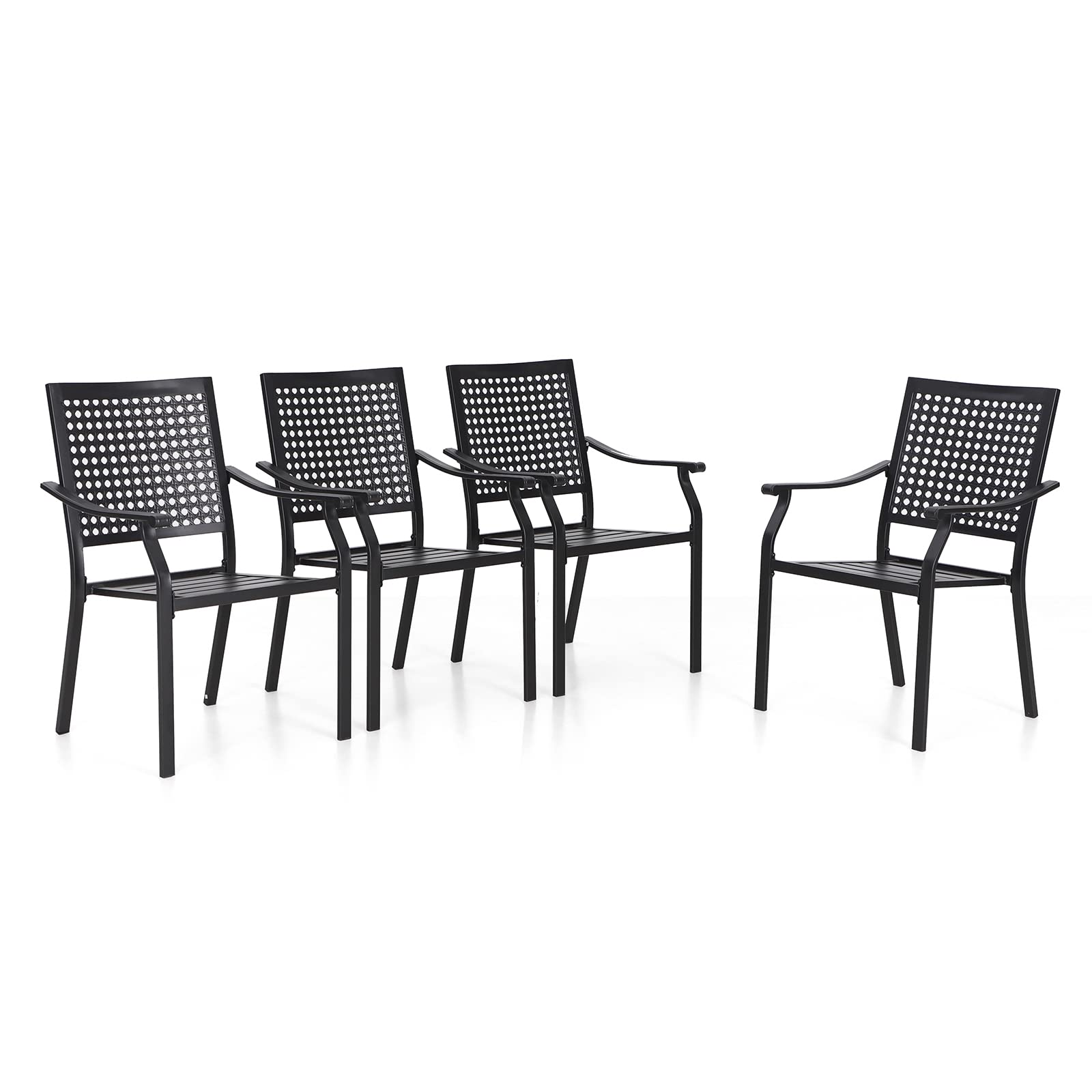 PHI VILLA Stackable Wrought Iron Patio Dining Chairs - Set of 4 Black Outdoor Chair Bistro Metal Chairs, Support 300 LBS