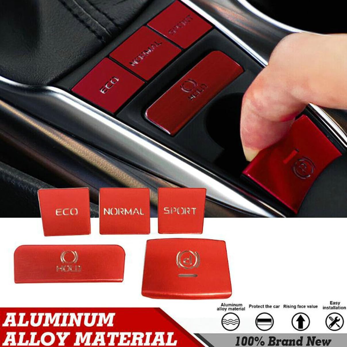 5pcs RED Compatible for Toyota Camry 2018-2022 Gear Shift Panel Button Cap Decor Switch Frame Trim Aluminum Alloy Cover