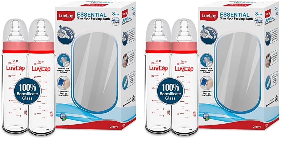 LuvLap Essential Slim Neck Glass Feeding Bottle, New Born/Infants/Toddler Upto 3 Years, Pack of 4, 250ml