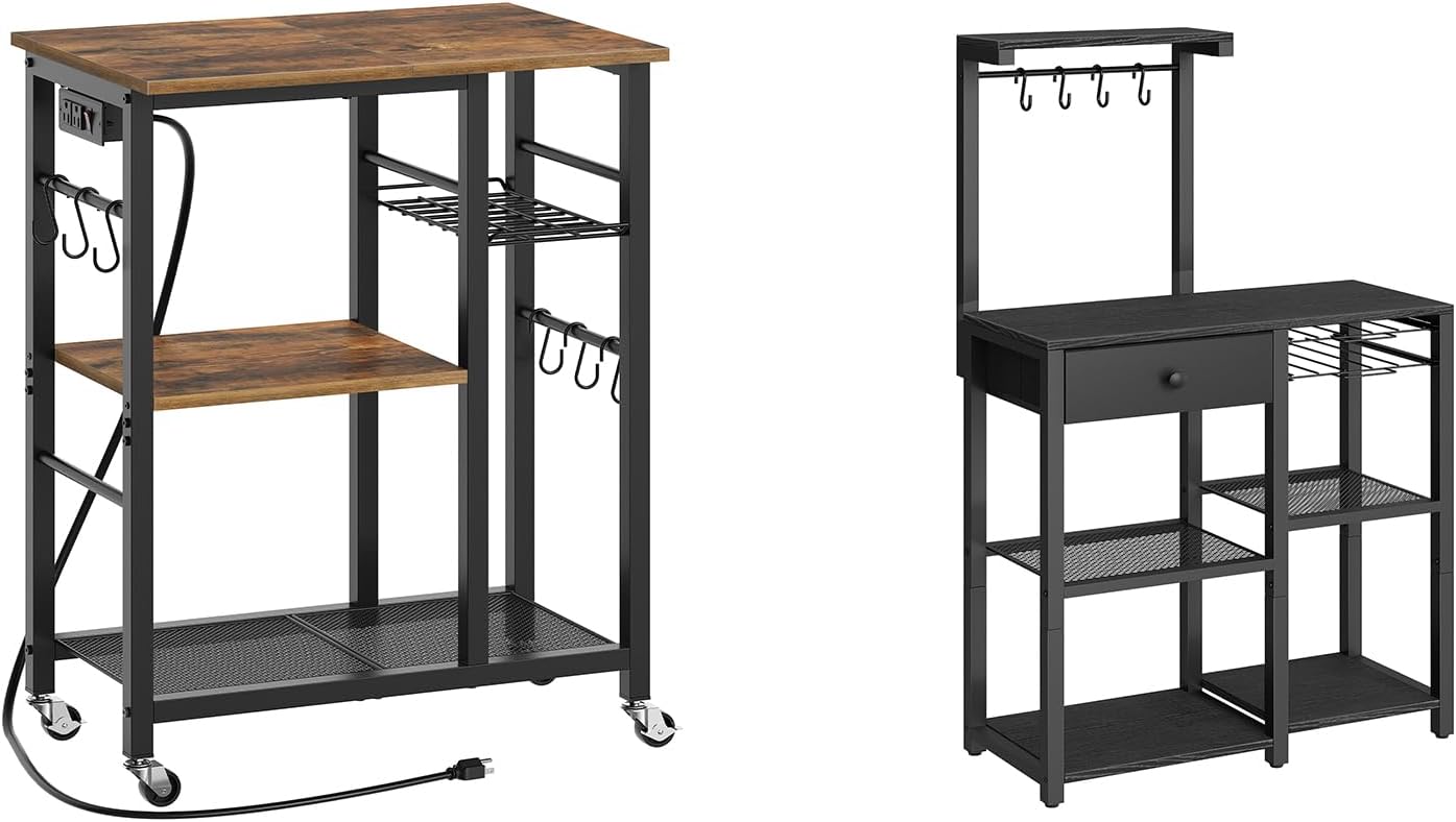 Movable Bakers Rack, Microwave Stand with Charging Station, Bakers Rack with Storage, HB04UBR-KF60BBY1