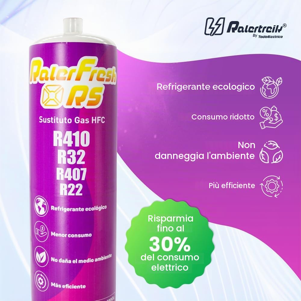 Ralerfresh RS - R410, R32, R407, R22, R22, ricarica di gas organica per aria condizionata Split Ecologico efficiente ricarica rapida (bottiglia RS + tubo flessibile)