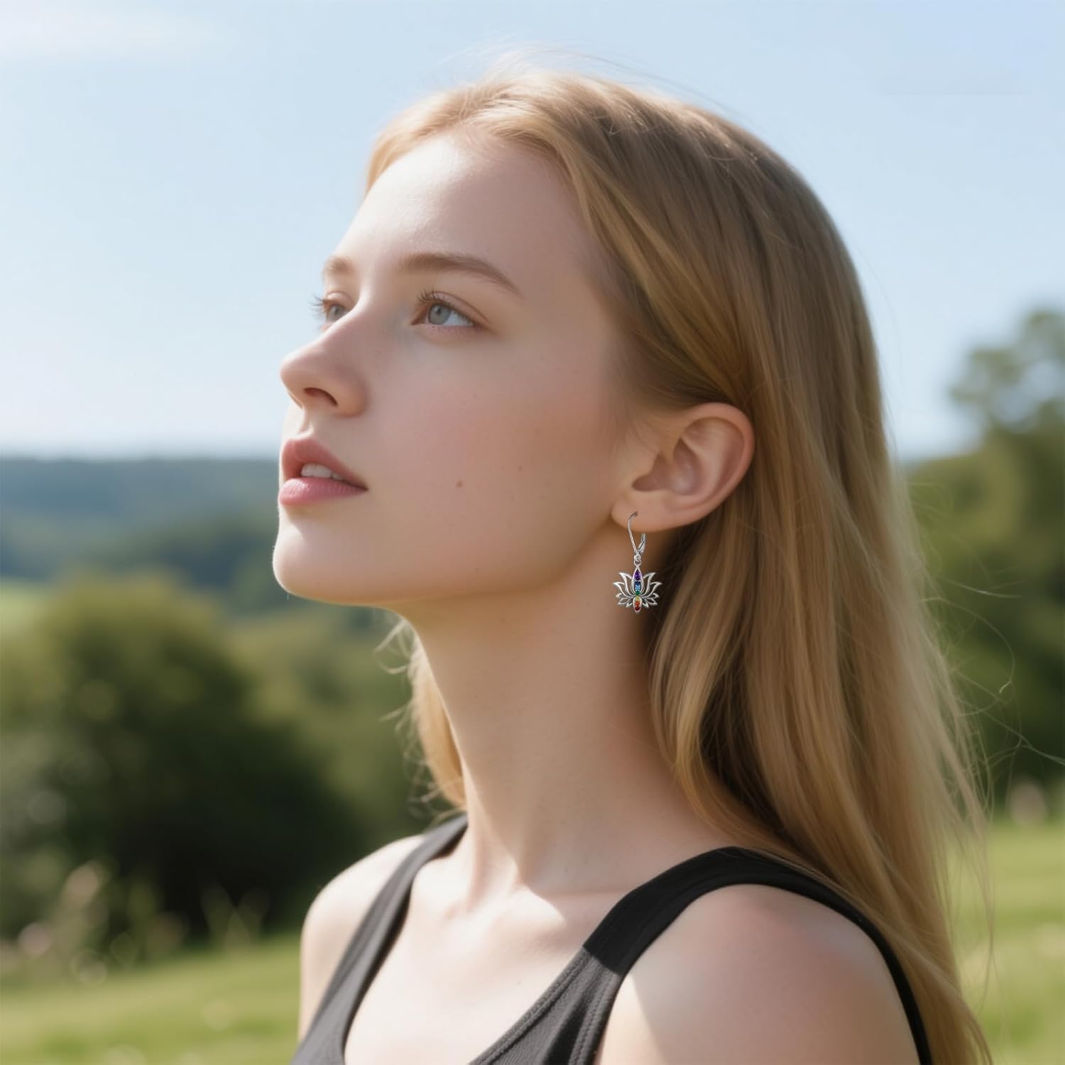 Chakra Earrings Lotus Flower 7 chakra Stones Leverback Earrings for Women Dangle Yoga Lotus Jewelry Balance Meditation - Image 3