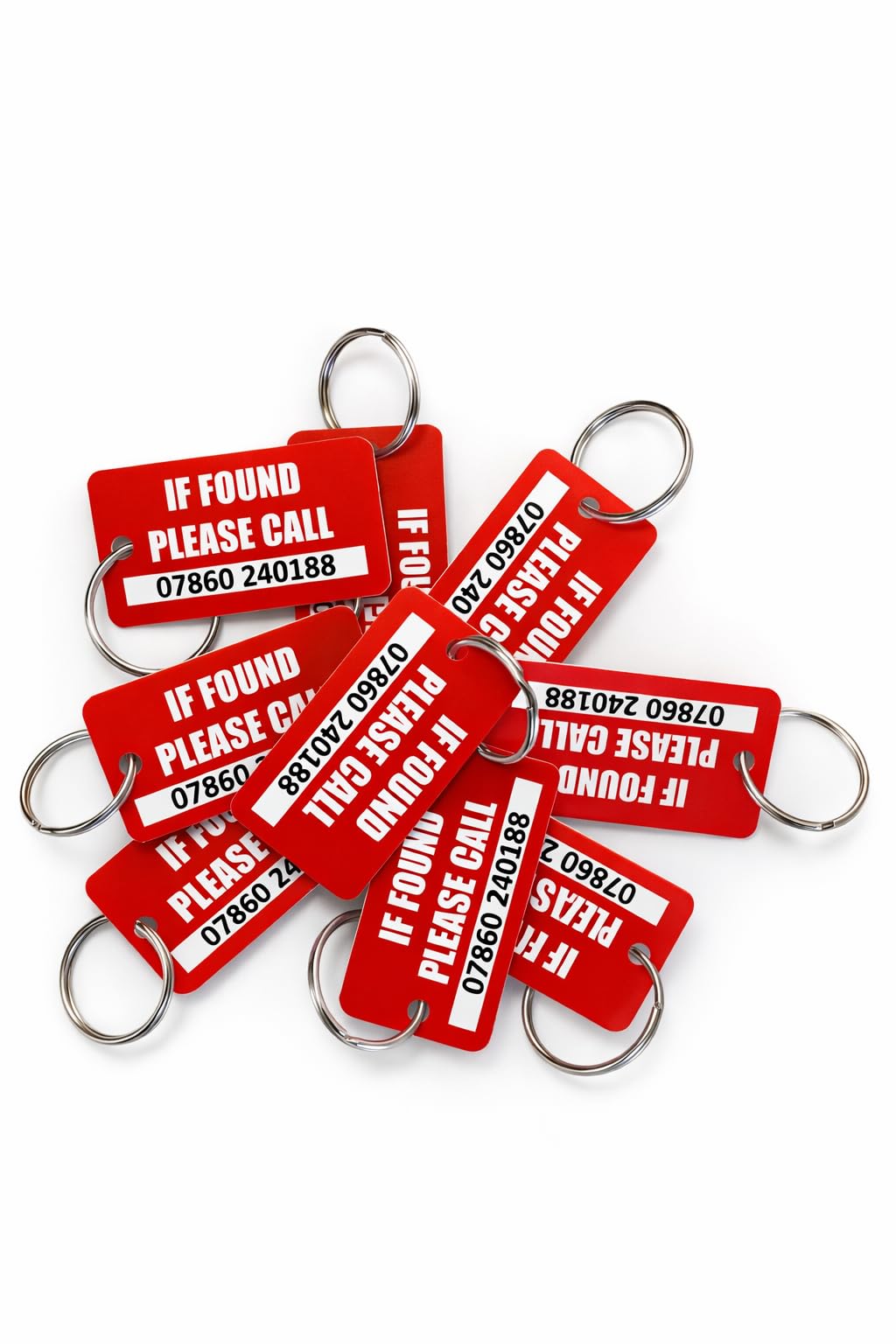 If Found Please Call Plastic Key Tags, Red, with Contact Number, Metal Ring Attachment, 9 Pack