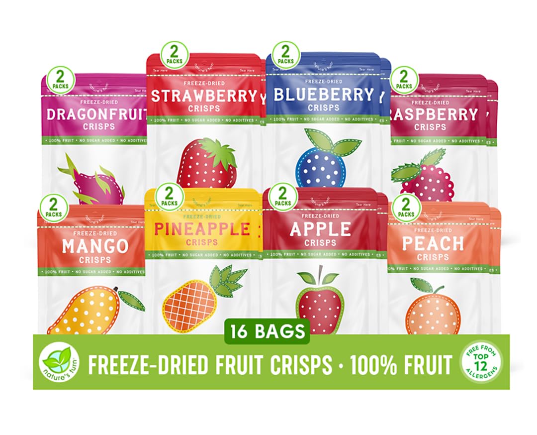 Nature’s Turn Freeze-Dried Fruit Crisps –Healthy, Gluten-Free,Crispy & Delicious,Plant-Based Snack,Ideal for Cereal, Smoothies, School Lunches, & On-the-Go, Superfruit Variety Bags of 16(0.53 oz Each)