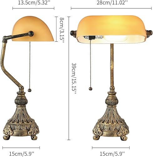 Miniatura 5 de Newrays Lámpara de escritorio vintage de cristal ámbar para oficina en casa, biblioteca con interruptor de cadena de tracción, bombilla LED incluida